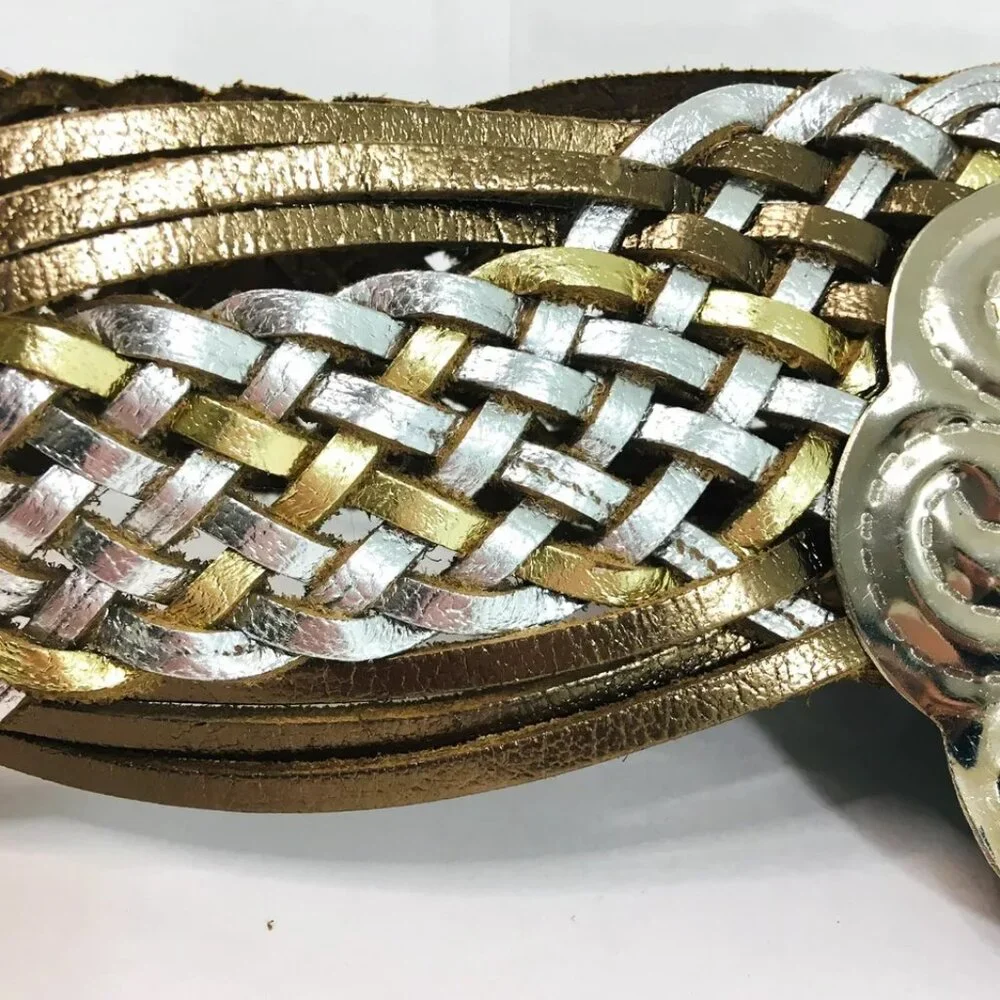 Metallic Silver Gold Braided Leather Sz S Belt 36” Large Metal Medallion Closure